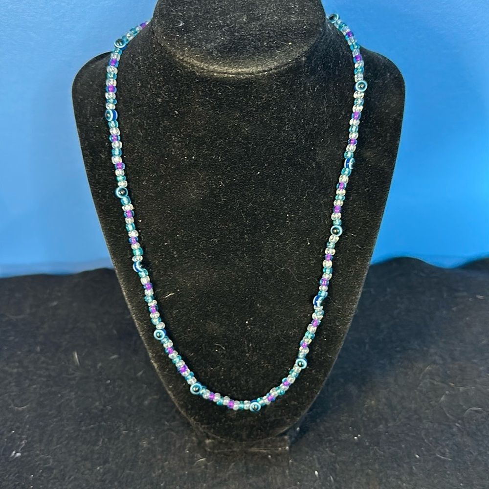 Handmade Eye & Crow Bead Necklace – Blue, Clear & Purple Beads – Unique Boho